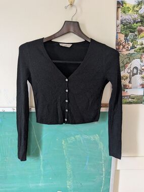 Everlane Black Ribbed Button-Front Cropped Sweater